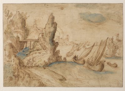 Scène côtière imaginaire avec des bateaux de pêche - Kerstiaen de Keuninck