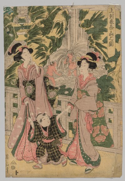 Deux filles et un enfant sur le pont du temple - Kikugawa Eizan