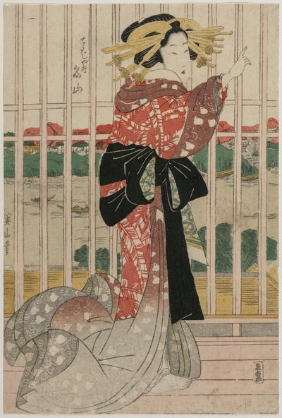 La courtisane Meizan du Chojiya sur un balcon surplombant la rivière Sumida - Kikukawa Eizan
