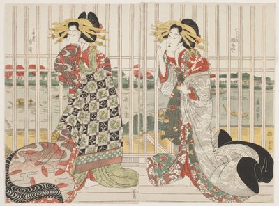 Les courtisanes Hinaya et Karauta derrière la fenêtre grillagée de la maison Chojiya près de la rivière Sumida pendant la saison des cerisiers en fleurs - Kikukawa Eizan