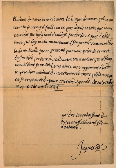 Lettre du roi Jacques VI 1566-1625 à sa mère, la reine Marie 1542-1587, 1584-5 - King James I