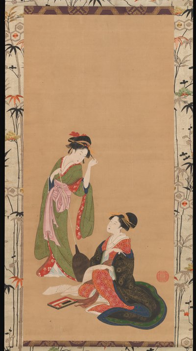 Courtisanes parodiant Kanzan et Jittoku, fin 18ème-début 19ème siècle - Kinpusha Toyomaro