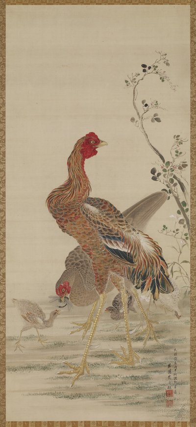 Coq, poule et poussins, période Edo - Kishi Ganku