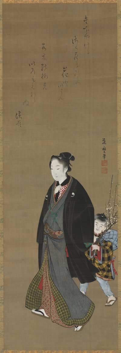 Homme se promenant avec un garçon portant une branche fleurie, c. 1810 - Kitagawa Fujimaro