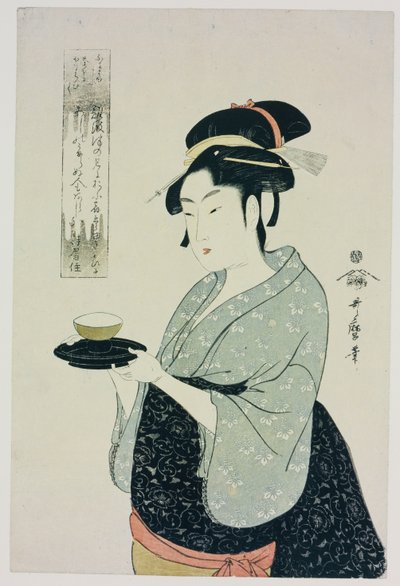 Portrait en buste de Naniwaya Okita, représentant la célèbre serveuse de maison de thé servant une tasse de thé - Kitagawa Utamaro