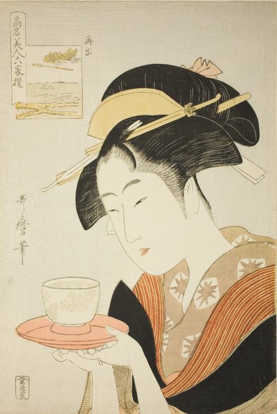 Réapparaissant : Naniwaya Okita, de la série « Beautés renommées comparées aux six poètes immortels » ("Komei bijin rokkasen") - Kitagawa Utamaro