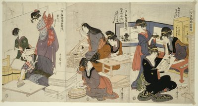 Artiste, graveur de blocs, appliquant de la colle, de la série La Culture des estampes de brocart, un produit célèbre d