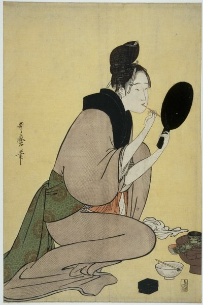 Bijin-ga. Fille appliquant du maquillage sur ses lèvres - Kitagawa Utamaro