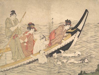Partie de bateau avec des enfants nageant - Kitagawa Utamaro