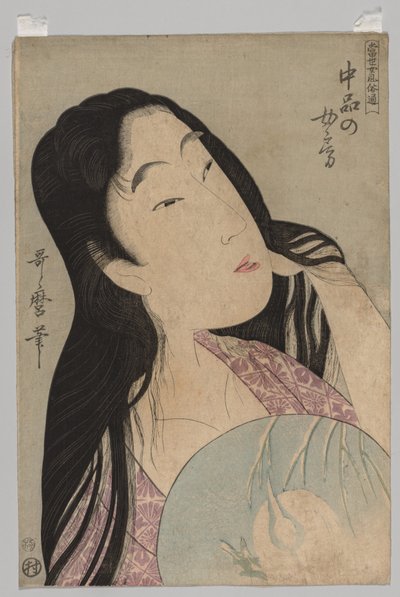 Buste de femme aux cheveux lâchés tenant un éventail - Kitagawa Utamaro