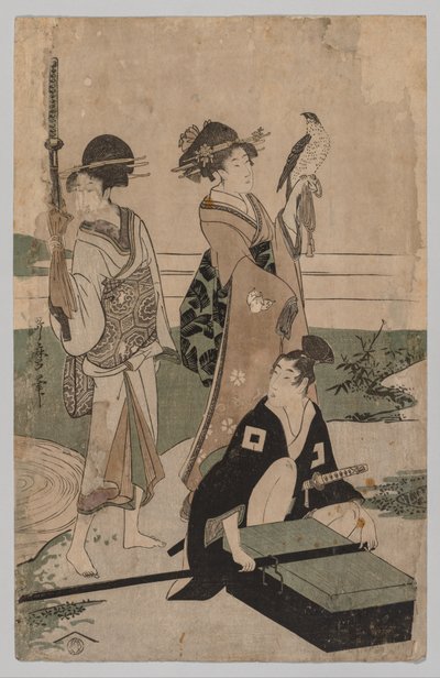 Daimyō et sa suite traversant un ruisseau dans une plaine près du Fuji - Kitagawa Utamaro
