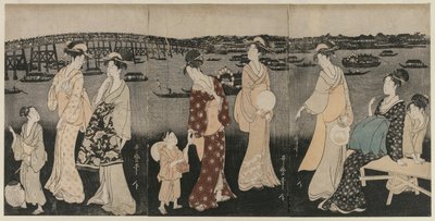 Profiter de la fraîcheur du soir le long de la rivière Sumida - Kitagawa Utamaro