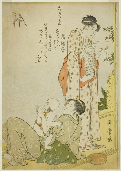 Fraîcheur du soir sur la véranda : Scènes de genre avec poèmes kyoka, en format aiban - Kitagawa Utamaro