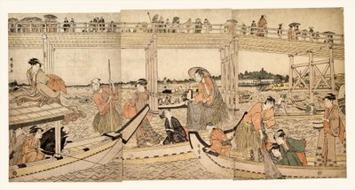 Bateaux de pêche équipés de filets sous le pont de Ryōgoku - Kitagawa Utamaro