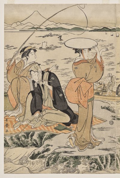 Pêche sur le rocher de la planche à découper à Enoshima - Kitagawa Utamaro