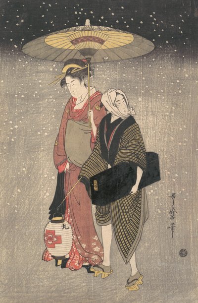 Geisha marchant dans la neige la nuit, vers 1797 - Kitagawa Utamaro