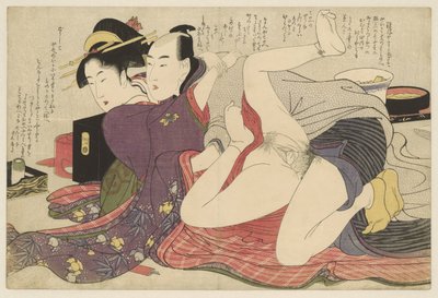 Geisha en kimono avec manches longues et son amoureux - Kitagawa Utamaro