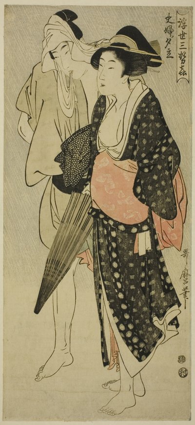 Mari et femme surpris par une averse du soir (Fufu no Yudachi), de la série "Trois plaisirs du soir du monde flottant" ("Ukiyo San Seki") - Kitagawa Utamaro