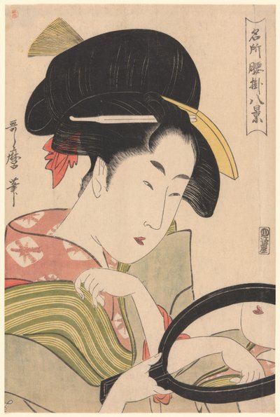 Miroir, de la série "Huit vues des salons de thé dans des lieux célèbres" ("Meisho koshikake hakkei") - Kitagawa Utamaro