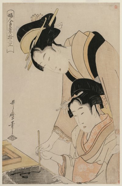 Mère enseignant la calligraphie à sa fille, de la série, Douze occupations des femmes - Kitagawa Utamaro