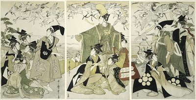 Parodie de Minamoto no Yoritomo libérant des grues à Yuigahama - Kitagawa Utamaro