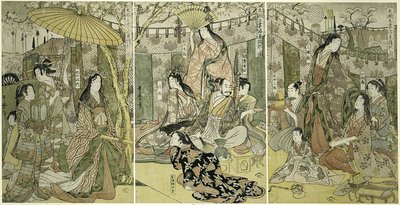 Image de Hideyoshi et ses cinq épouses admirant les cerisiers en fleurs à Higashiyama - Kitagawa Utamaro