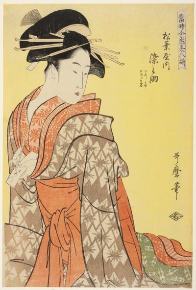 Somenosuke de la Matsubaya, [dont les assistants sont] Wakagi, Wakaba (Matsubaya uchi Somenosuke, Wakagi, Wakaba), de la série "Array of Supreme Beauties of the Present Day" ("Toji zensei bijin-zoroe") - Kitagawa Utamaro
