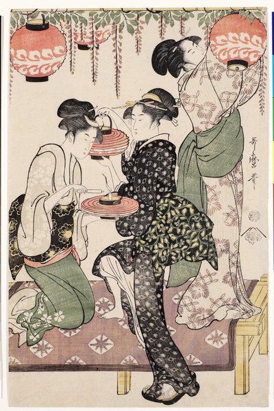 Filles de maison de thé sous une tonnelle de glycine, 1795 - Kitagawa Utamaro