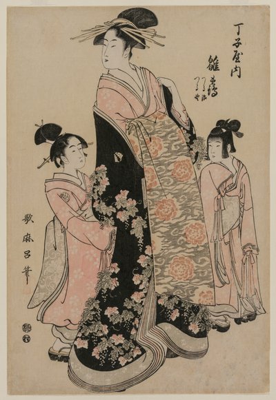 La courtisane Hinazuru de Chojiya avec ses assistantes Tsuruji et Tsuruno - Kitagawa Utamaro