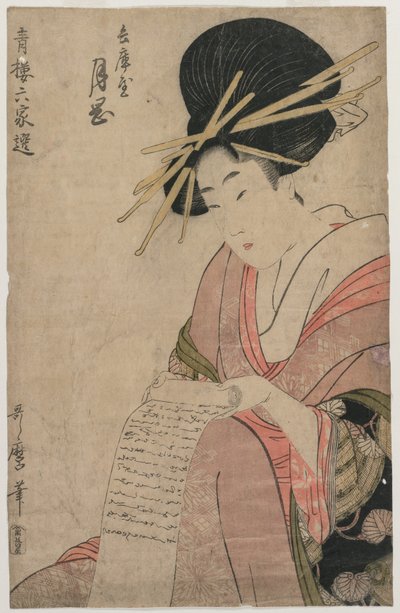 La courtisane Tsukioka de Hyogoya roulant une lettre (de la série Une sélection de six auteurs dans les maisons vertes) - Kitagawa Utamaro