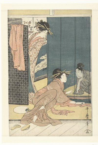 Deux courtisanes et un jeune homme sous une moustiquaire - Kitagawa Utamaro