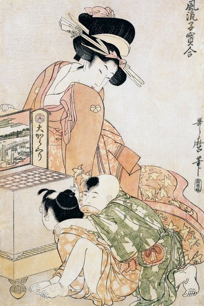 Deux enfants regardant dans une grande boîte optique - Kitagawa Utamaro
