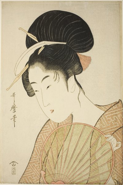 Femme tenant un éventail rond - Kitagawa Utamaro