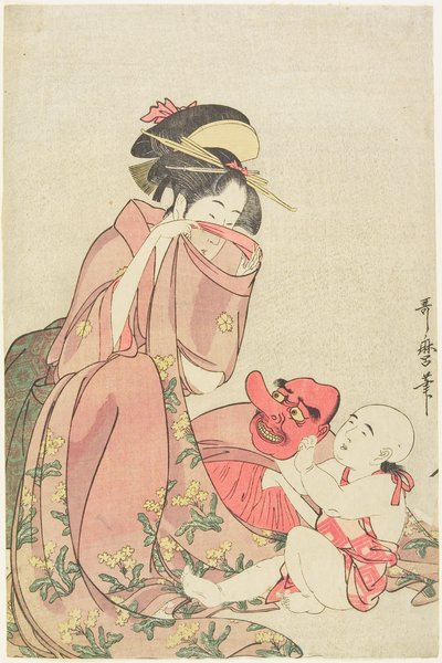 Une femme jouant avec un enfant portant un masque de tengu - Kitagawa Utamaro