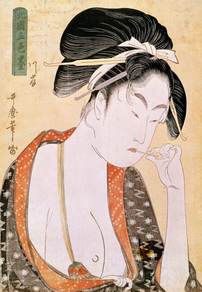Femme désirant les lèvres. Estampe japonaise de Utamaro Kitagawa (1753-1806). 18e siècle. Paris, Musée Guimet, Musée des arts asiatiques - Kitagawa Utamaro