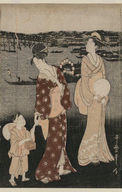 Femmes profitant de la fraîcheur du soir près du pont Ryogoku - Kitagawa Utamaro