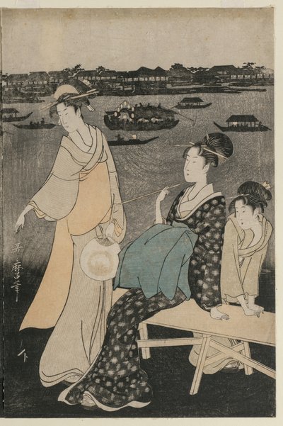 Femmes profitant de la fraîcheur du soir près du pont Ryogoku - Kitagawa Utamaro