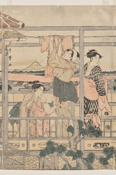 Femmes étendant du linge à sécher sur un balcon - Kitagawa Utamaro