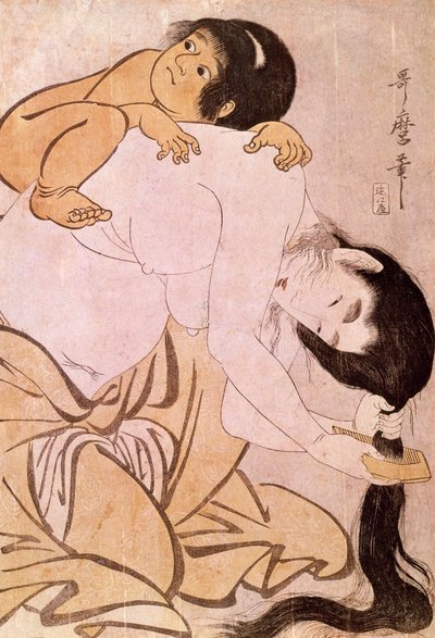 Yamauba et Kintoki La mère se coiffe en portant son enfant sur son dos - Kitagawa Utamaro