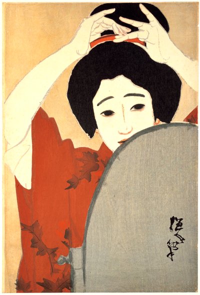 Femme ajustant ses cheveux devant le miroir - Kitano Tsunetoni