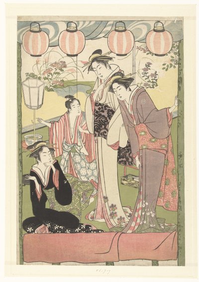 Trois femmes et un garçon sous des lanternes - Kitao Masanobu (attributed to)