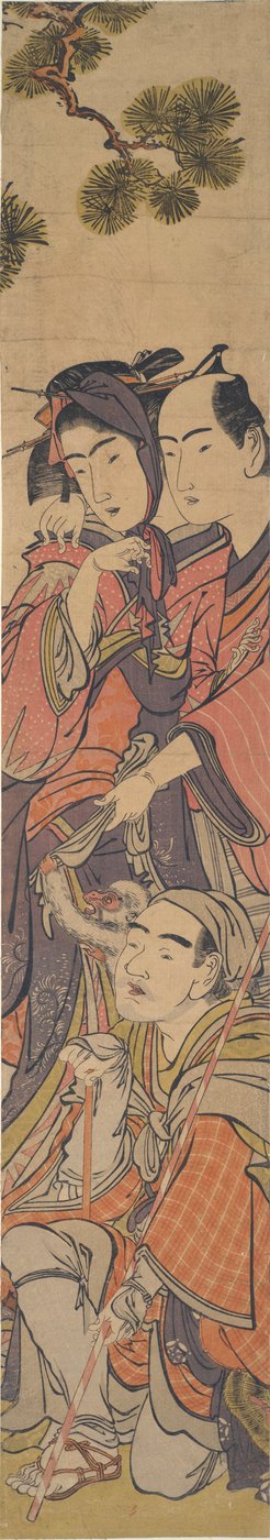 Oshun et Dembei jouant avec le singe sur Yojirō - Kitao Masanobu