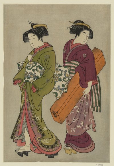 Kitao Shigemasa (1777) Geisha et servante portant sa boîte à shamisen - Kitao Shigemasa
