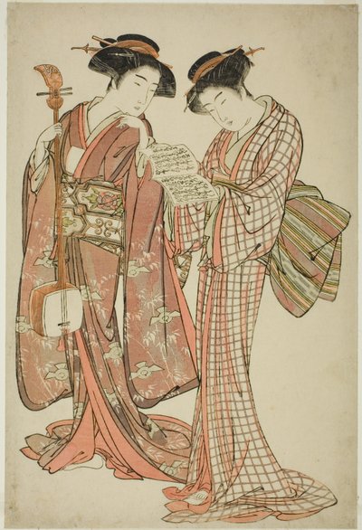 Deux geishas tenant un shamisen et un livre de chansons - Kitao Shigemasa