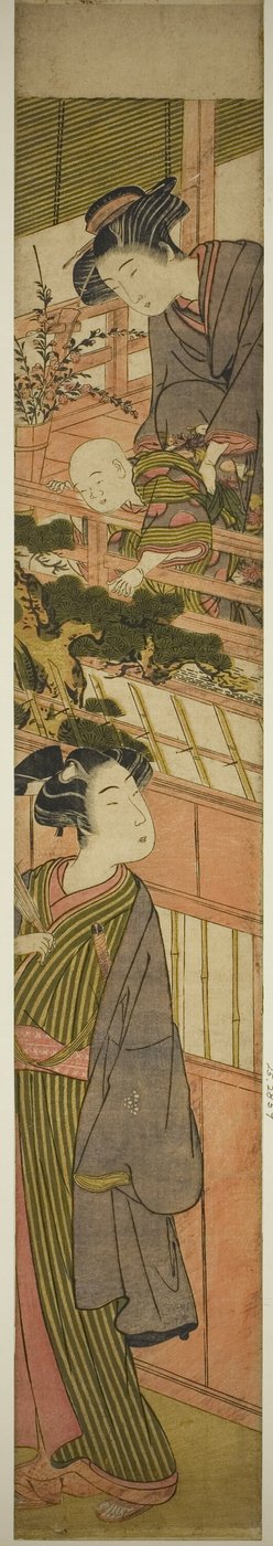 Femmes tenant un garçon tendant la main à un jeune homme en bas - Kitao Shigemasa