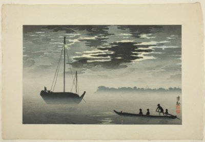 Clair de lune à travers les nuages sur la côte de Haneda - Kiyochika Kobayashi
