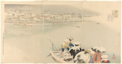 Deuxième mois : Colline de Matsuchi sous la neige au crépuscule (Kisaragi, Matsuchiyama yuki no tasogare), de la série Vraies vues des lieux célèbres de Tokyo (Tokyo meisho shinkei no uchi) - Kiyochika Kobayashi