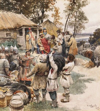 Poliudie Collecte de tribut. Igor de Kiev exigeant un tribut des Drevlyans, 1903 - Klavdiy Vasilievich Lebedev