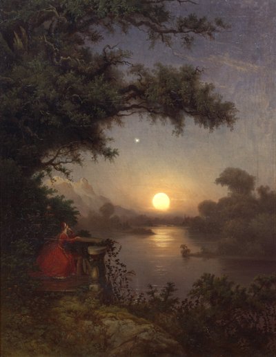 Femme sur la terrasse regardant la lune - Knud Andreassen Baade