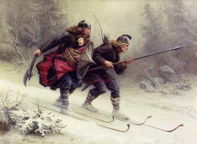 Soldats pour le roi norvégien Sverre, Torstein Skevla et Skjervald Skrukka portant le fils du roi Hakon Hakonsson - Knud Bergslien
